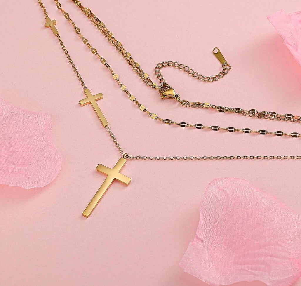 Layered Cross Necklace for Women - Gold Titanium Steel Gift Jewelry